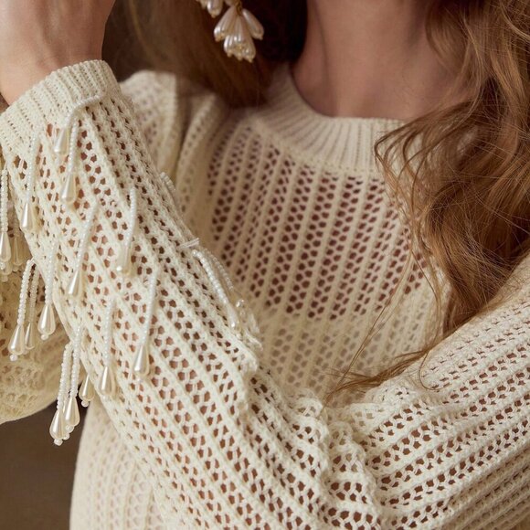 Women's Scorpio Beaded Fringe Sheer long sleeved crochet knit Sweater Dress - Picture 3 of 7